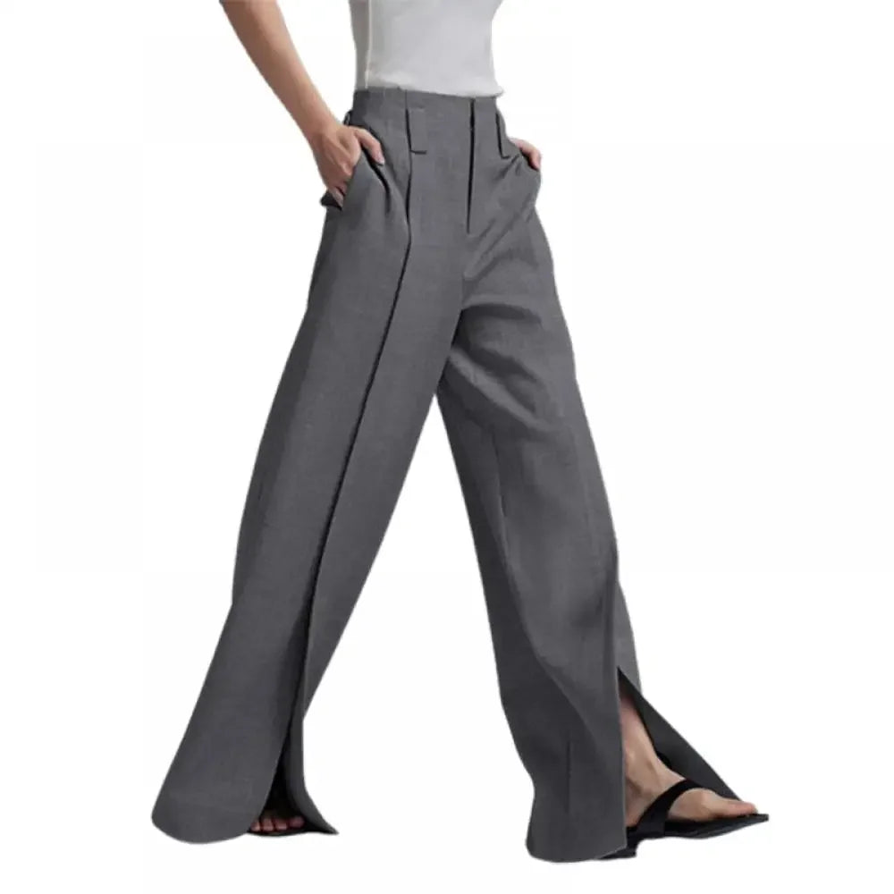 Yeezzi Urban Female Suit Pants 2024 New Fashion Black White Color Loose Straight Pant High-Waisted Pleated Split-Front Trousers - reetell