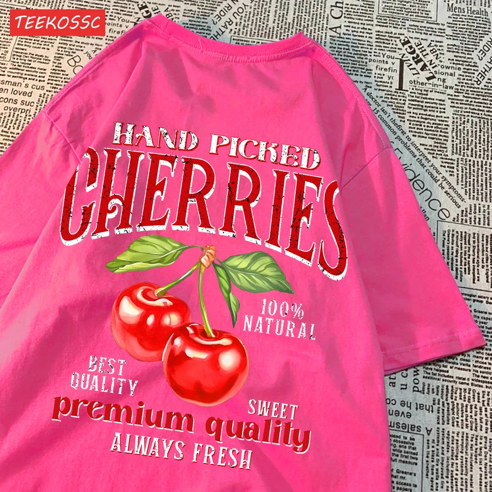 Fashion Cotton Women'S T-Shirts Hand Picked Cherries Printing Tops Oversize Crewneck Soft Short Sleeve Street Female Clothes - reetell