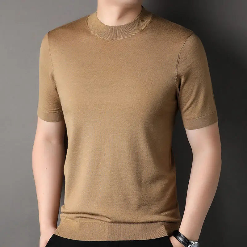 Worsted Mercerized Men Summer Short Sleeves T-shirt Versatile Fashion Male Clothing Half Turtleneck Casual Basic Knitted Tops - reetell