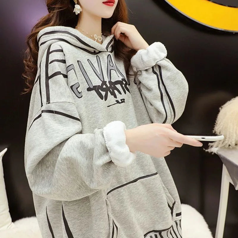 Autumn Winter New Sweatshirts Oversized Women Clothes Casual Korean Printing Loose Fleece Pullover Coat Femme Mid Length Top - reetell