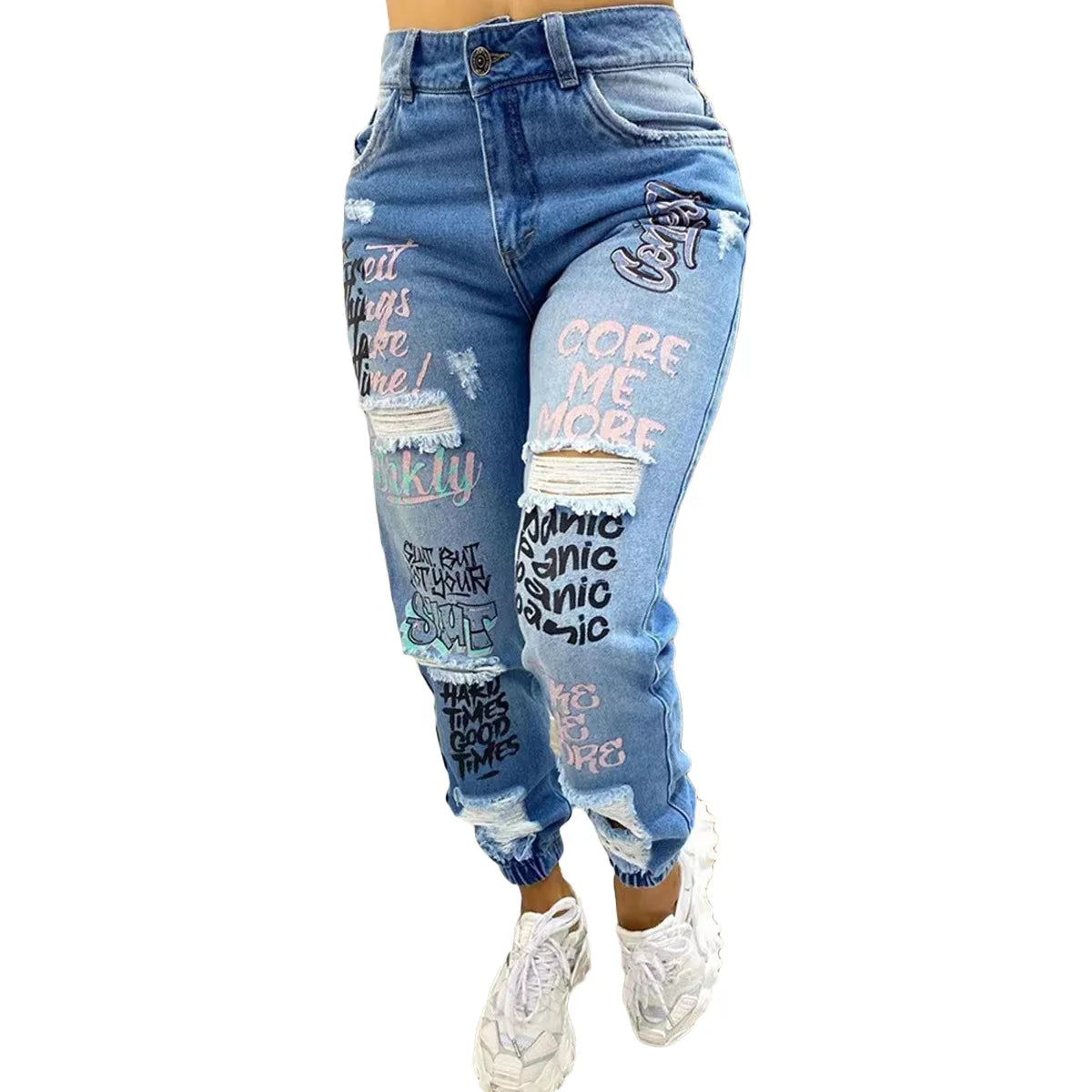 2024 New Letter Print Slant Pocket Ripped Jeans Casual Jeans Women - reetell