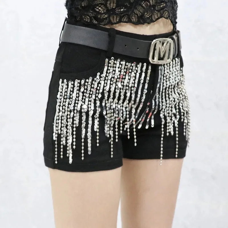 Black Sequins tassels Denim Shorts Women's Streetwear 2023 Summer New Korean Slim Chain Trend Hot Pants White Casual Short Jeans - reetell