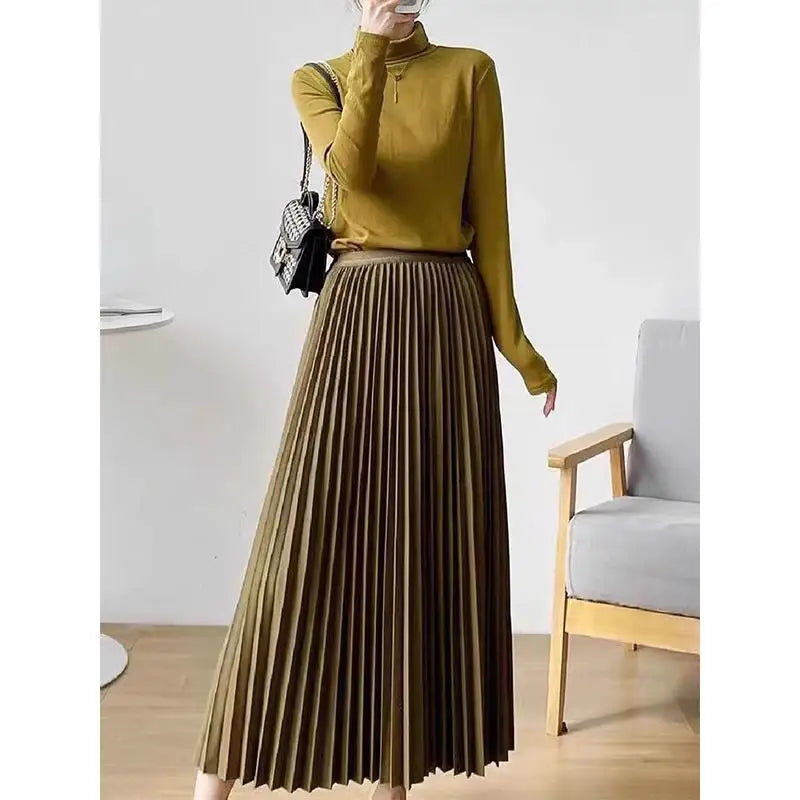 2023 Women Elegant Pleated Skirt High Waist Women Mid-long Skirt Female Ladies High Quality Women Midi Skirt Black Saia - reetell