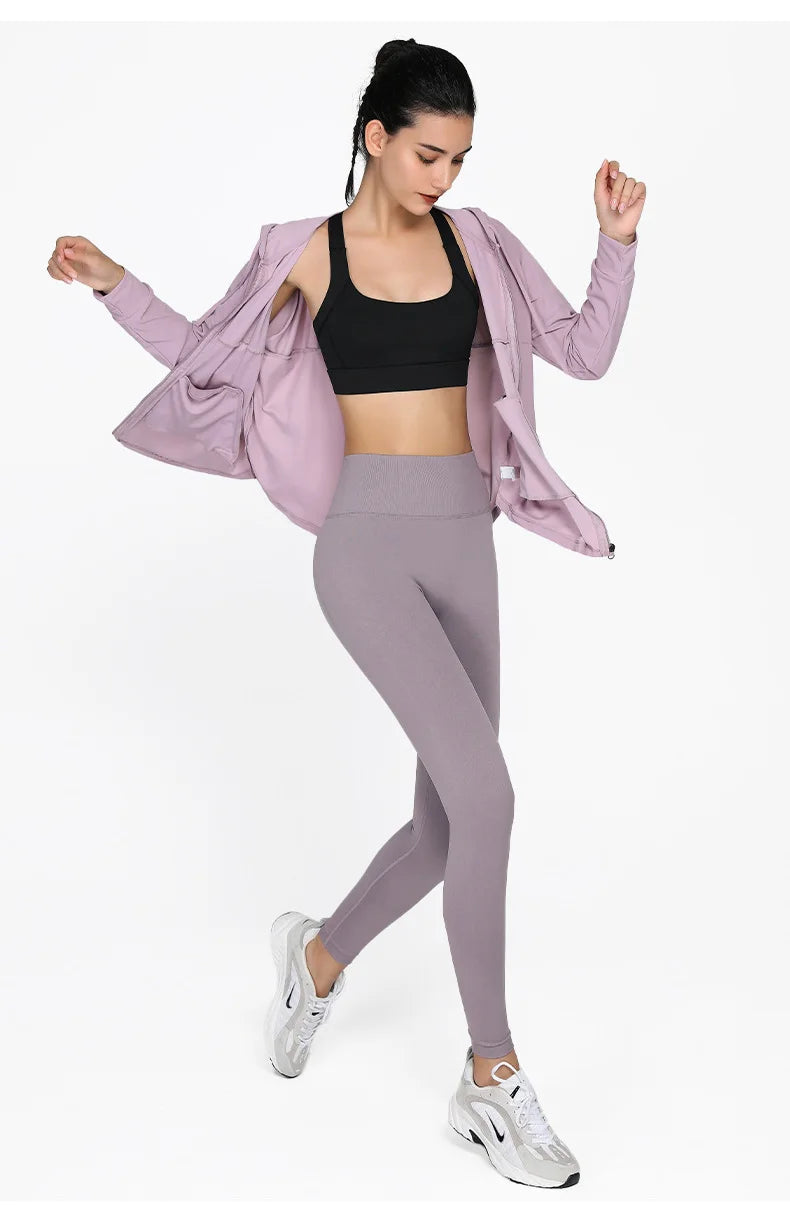 Women Fitness Jacket Breathable Sun Protection Sweatshirt Loose Sports Running Zipper Jacket With Pockets Gym Coat Outerwear