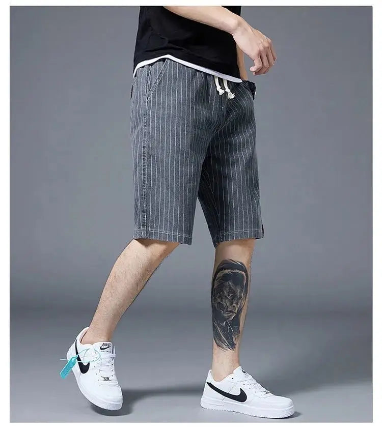 Summer Men Casual Striped Denim Shorts Koreon Streetwear Fashion Elastic Waist Baggy Male Thin Beach Sports Knee Length Jeans - reetell