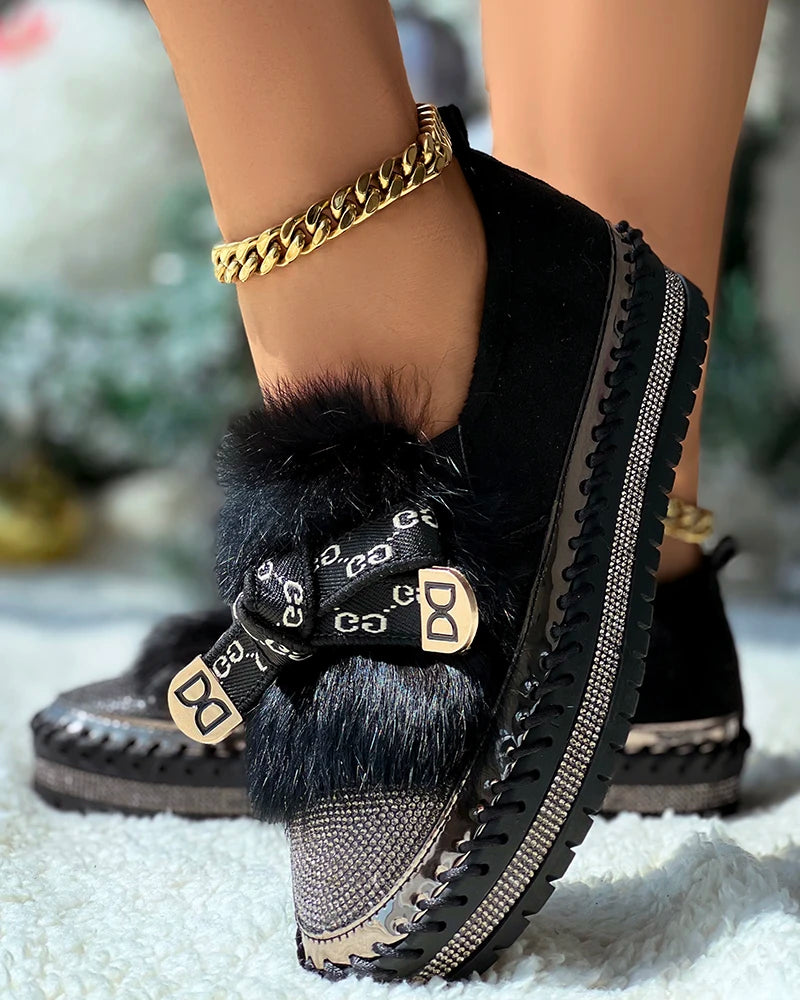 Women Fashion Solid Color Shoes Flat Warm Rhinestone Bowknot Design Platform Fuzzy Slip-On Loafers