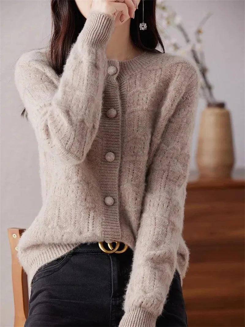 New Autumn And Winter Sweater Cardigan Jacket Women Fashion Sweet Wearing Solid Color Round Neck Sweater Top Bottoming Shirt - reetell