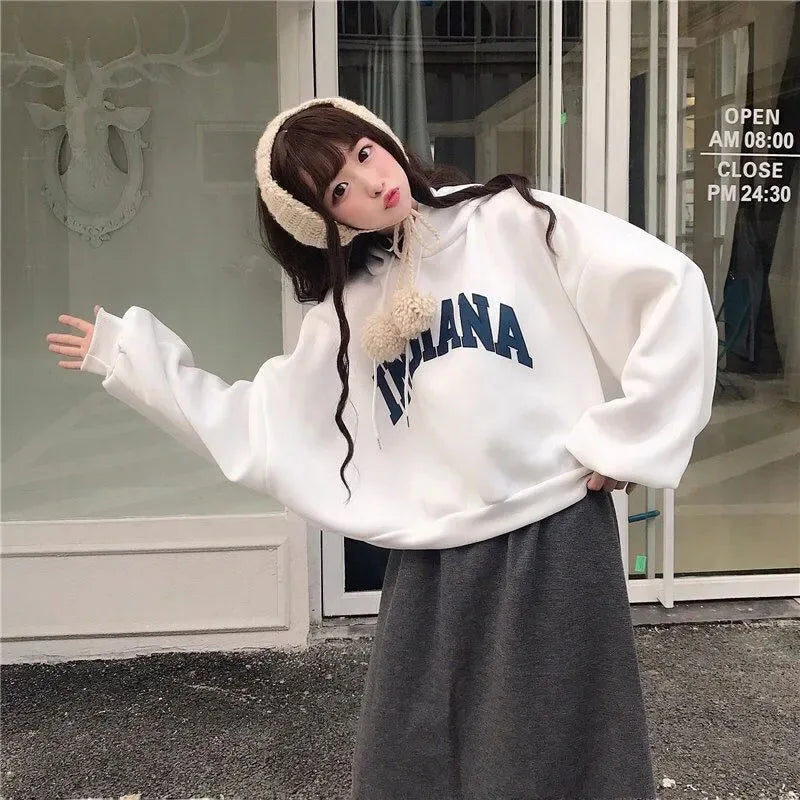 Autumn Thick Women Hoodies Fashion Loose Fake Two Piece Letter Printing Tops Harajuku Warm Preppy All Match Crop Sweatshirts - reetell