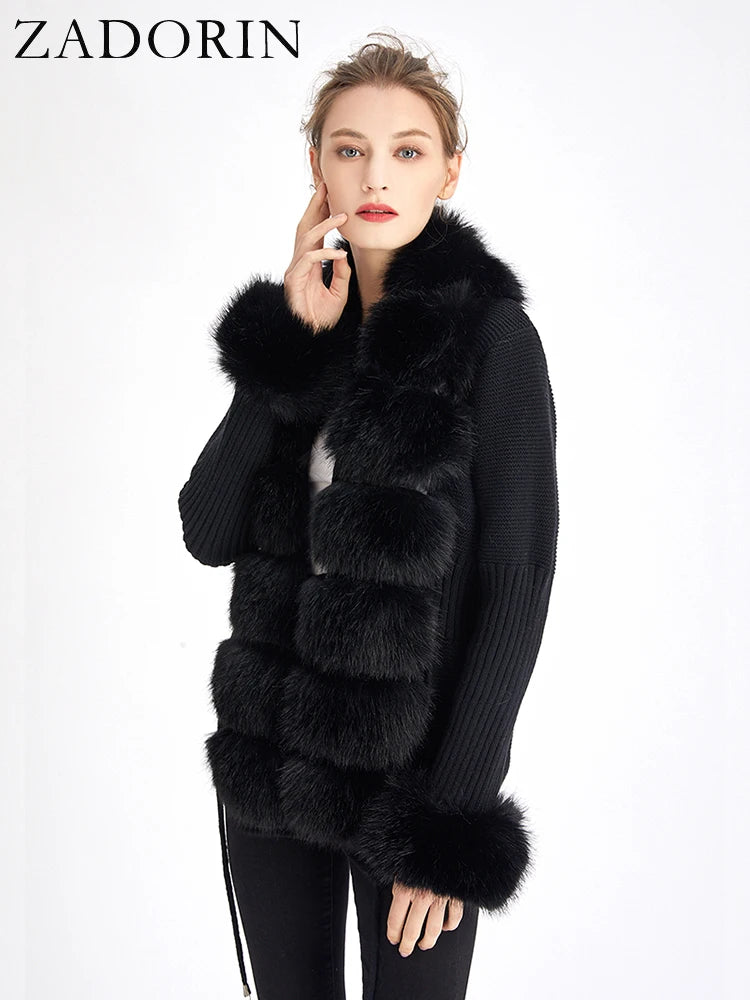 ZADORIN Luxury Fur Cardigan Knit Winter Sweater Women Elegant Detachable Fur Belt White Pink Black Womens Cardigan Korea Style - reetell