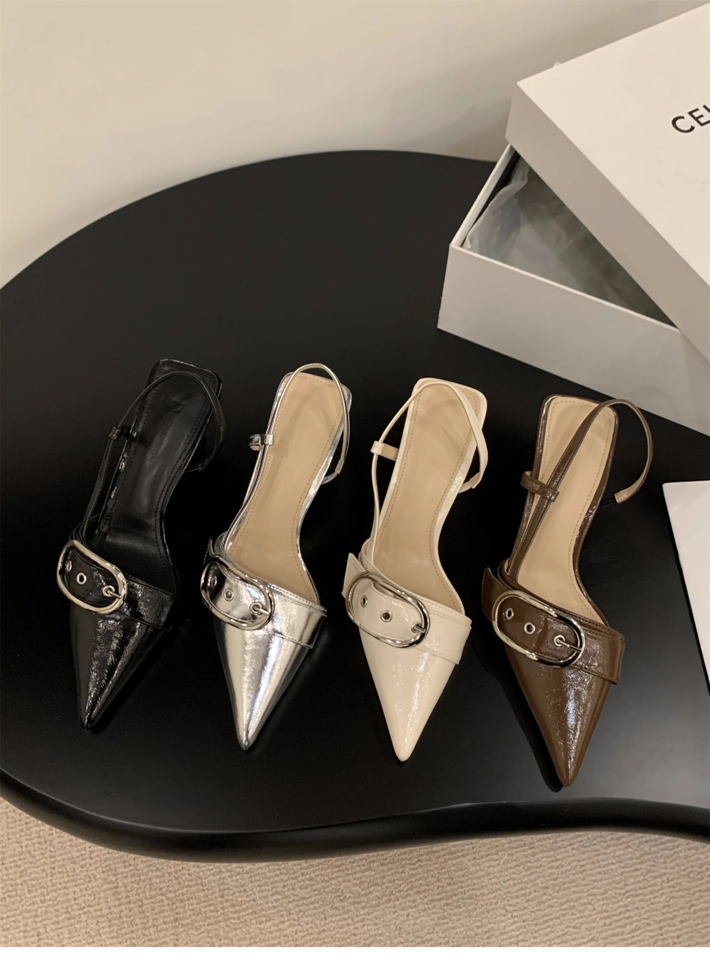 Punk Goth Metal Buckle High Heels Sandals Women 2024 Summer Pointed Toe Silver Party Shoes Woman Korean Style Thin Heels Sandals