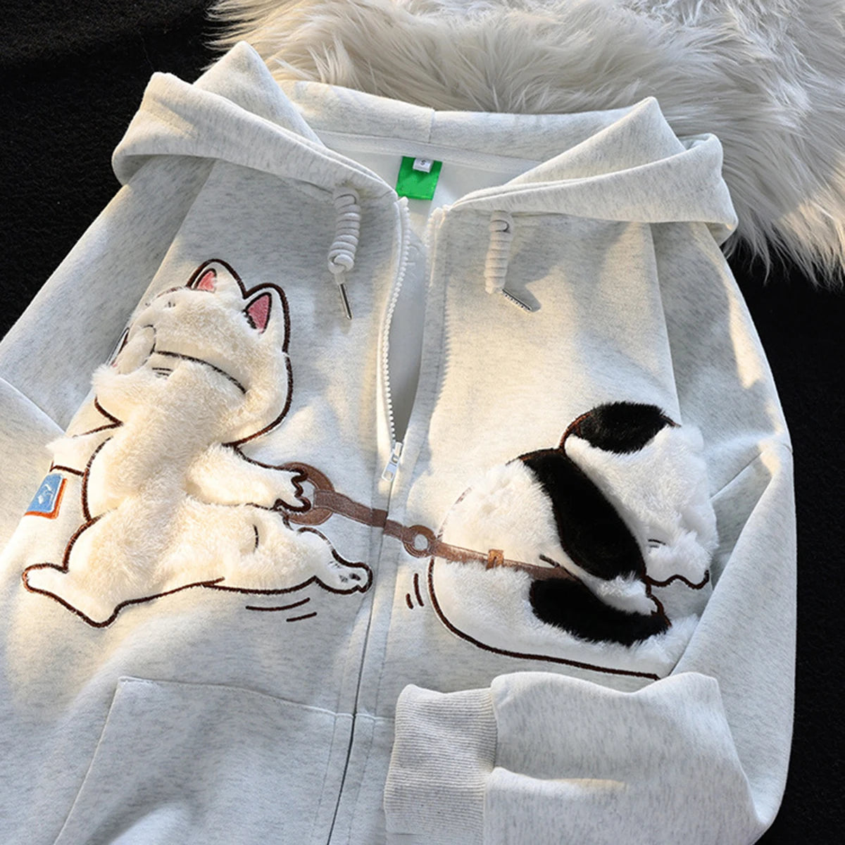 Korean New Design Embroidery Cartoon Hooded Coat Autumn Winter Cat Print Zip Up Women Man Hoodies Streetwear Couples Clothes Top - reetell