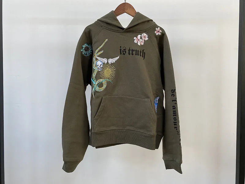 Army Green Hoodie Women's Sweatshirt Long Sleeve Letter Print Flowers Skull Wings Embroidery Pocket Fleece Pullover Sweatshirt - reetell