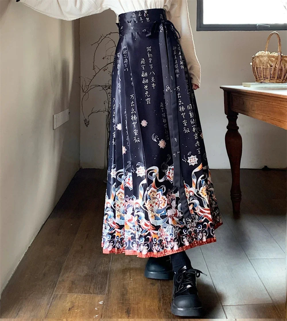 Maxi Chinese Style Horse Face Skirts Women Hanfu Vintage Harajuku Saia Casual Long Print Pleated Skirt Woman Clothing Faldas - reetell