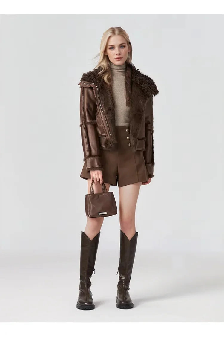 2024 Winter Short Style Fur Women Sheepskin Jacket Tanned Suede Luxury With 100%Natural Rabbit Lining Luxury Fashion Fur Coat - reetell