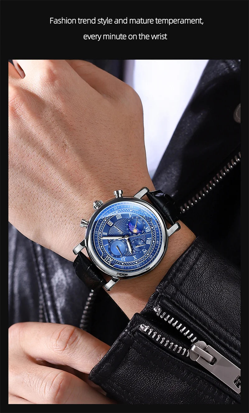 Chenxi 976 Leather Chronograph Date Men's Phase Of The Moon Timing Business Luminous Quartz Watch Relojes para hombres