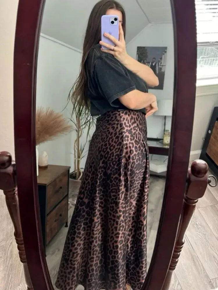 MiuKoMiYa Autumn Satin Leopard Print Maxi Skirt Women High Waist A Line Office Slim Long Leopard Skirt For Women Elegant 2024 - reetell