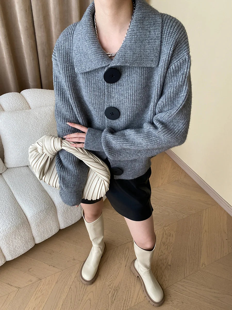 Fashion Big Button Cardigan for Women Loose Thickening Turn-down Collar Knit Sweater Autumn and Winter 2024 Grey Cardigan Coat - reetell