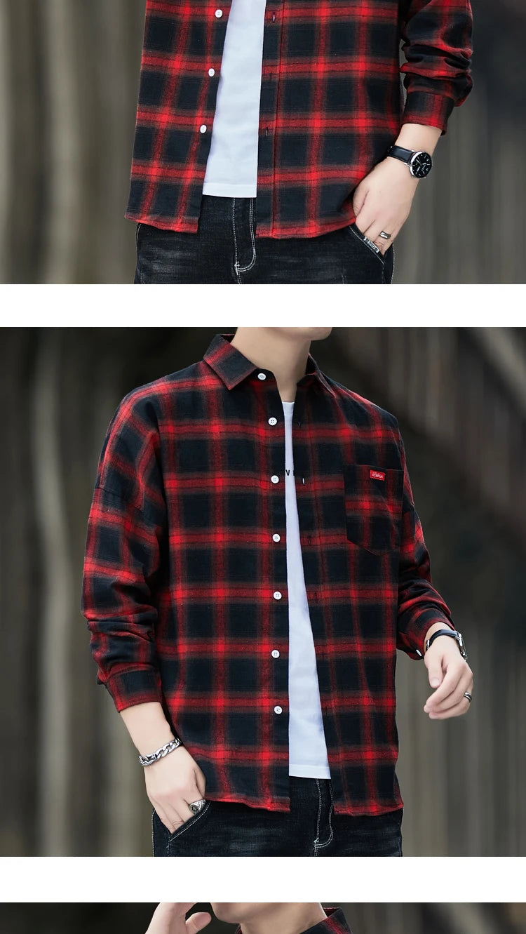 Autumn New Casual Men's Flannel Plaid Shirt Brand Male Business Office Red Black Checkered Long Sleeve Shirts Clothes