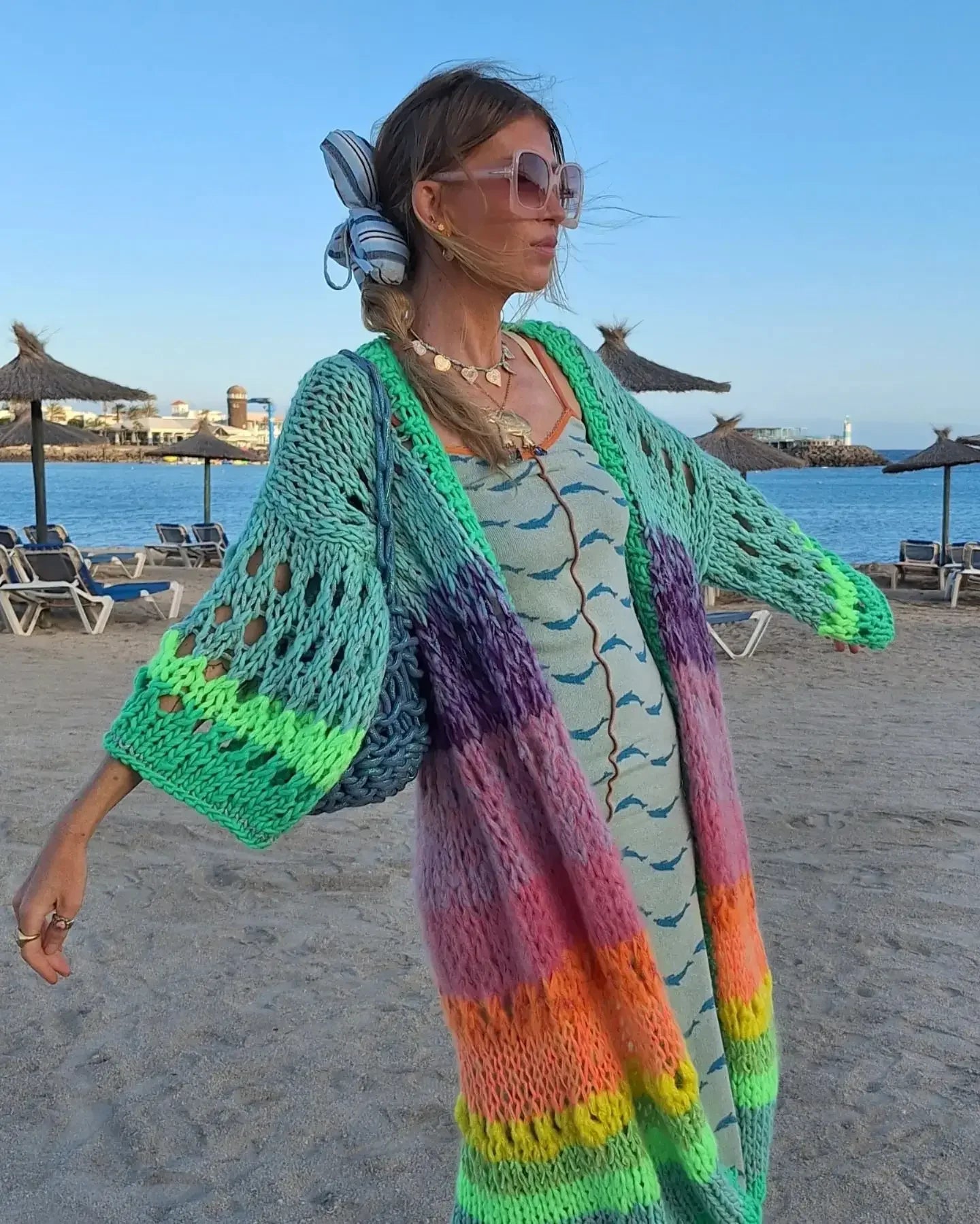 Boho Multicolor Crochet Cut Out Bell Sleeve Cardigan 2024 Autumn Winter Knitted Dress Women's Long Cardigan Sweater Jacket K12 - reetell