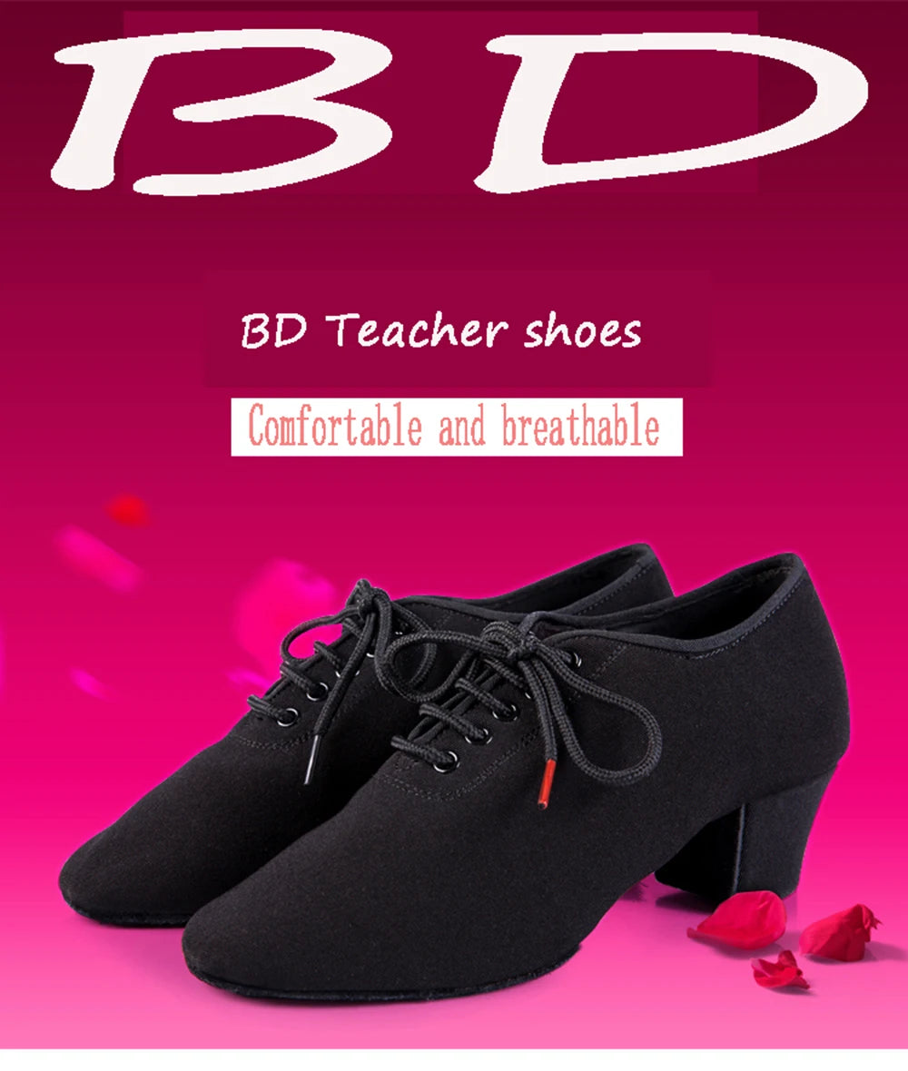 Latin Dance Shoes Women Genuine BD t1-b Import Oxford Lace Wholesale Sports Teacher Black Heel 4.5cm Male Female Generic Canvas