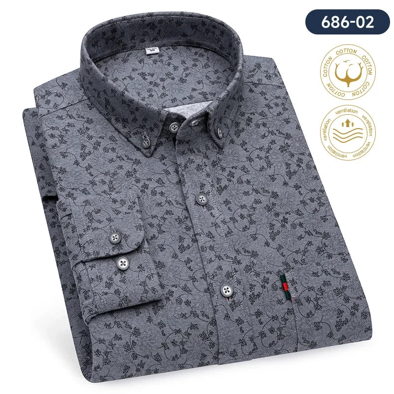 Fashion korean100%cotton casual long-sleeve shirts for men slim fit plain tops print designer vintage elegant clothes streetwear