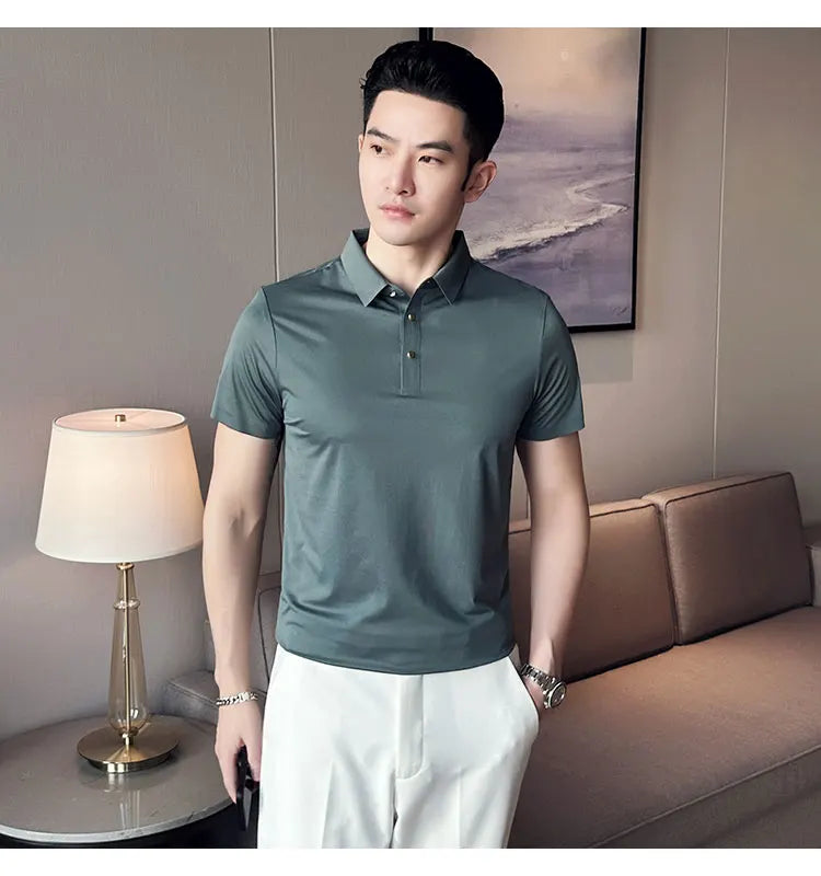 Ice Silk Traceless T-shirt Men's  Business Casual Solid Color Half Sleeve High Elasticity Top Silk Smooth Breathable POLO Shirt