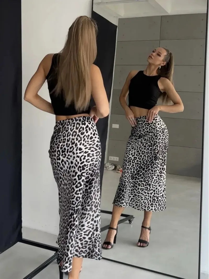 Sexy Leopard Print Long Skirts For Women 2024 Summer Fashion Vintage Women's Satin Maxi Skirt Female High Waist A-Line Skirt - reetell