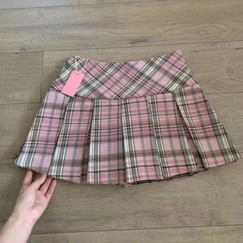 Pink Women's Plaid Patchwork Skirts Preppy Sweet Temperament Skirt Pleated High Waist Mujer Faldas Casual Office Lady Falda - reetell