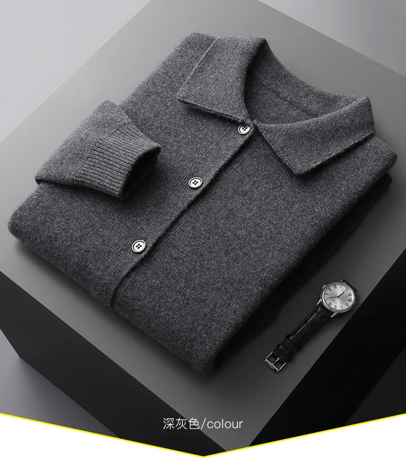 New 2023 Autumn/Winter Cashmere Cardigan Men's Polo Neck Sweater Long Sleeve Knitted Business Casual Wool Sweater Solid Color - reetell