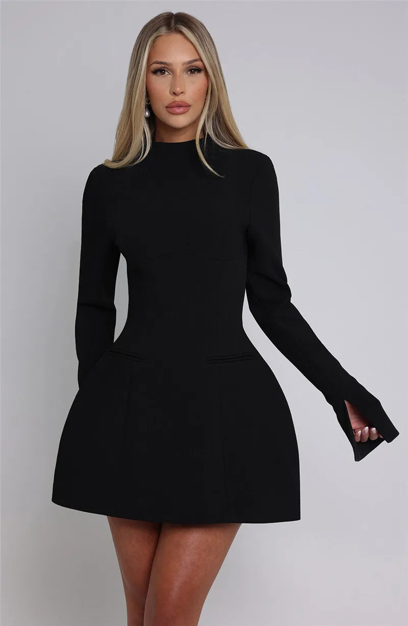 Mozision Long Sleeve Backless Sexy Mini Dress For Women Autumn Winter New O Neck High Waist A-line Club Party Sexy Dress Elegant - reetell