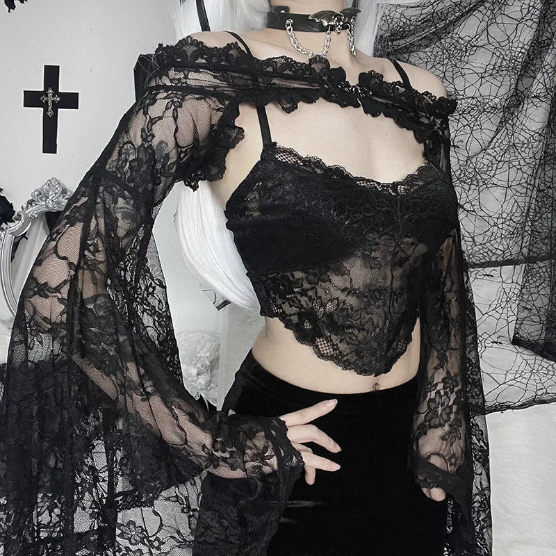 Women's Gothic Tops Dark Wind Temperament Tops Women Button Splicing Lace See Through Long Sleeve Blouse Cardigan - reetell