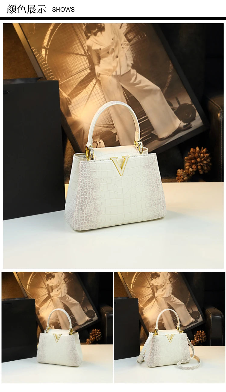 Luxury Fashion White Leather Women Handbags 2024 New Female Small Shoulder Messenger Bag Crocodile Pattern Portable Shell Bags - reetell