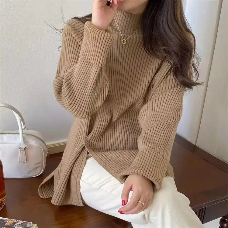 Women's Knit Sweater Off-white Loose Turtleneck Ladies PulloversButtons Slit Hot Sale Winter Offers Trend New Knitwear 2024 - reetell