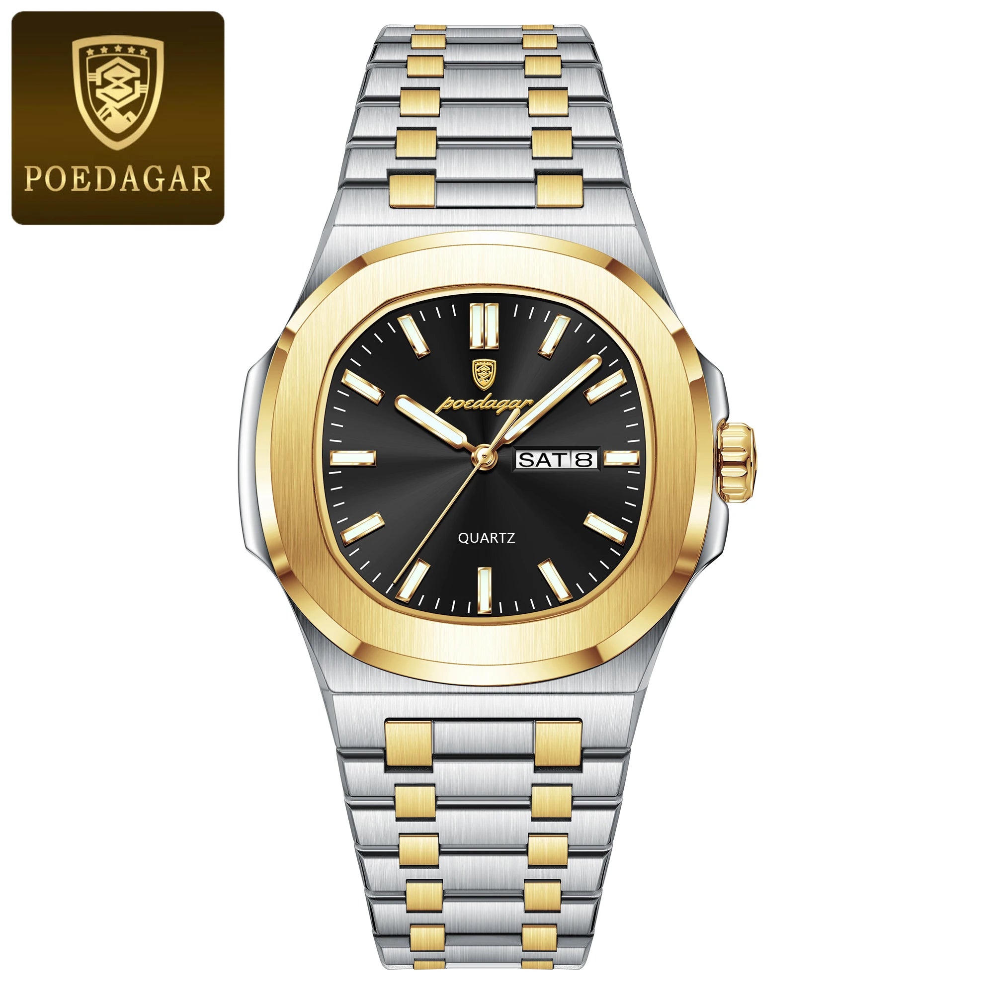 POEDAGAR Luxury Military Man Watch Square Waterproof Luminous Date Week Men Watch Stainless Steel Quartz Men's Watches Reloj+box