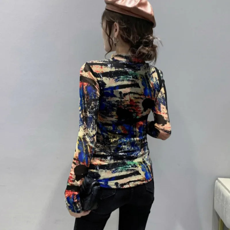 #8140 Tie Dyed Printed T Shirt Women Chinese Style Vintage Asymmetrical T Shirt Female Long Sleeved Stand Collar T-shirt Femme - reetell