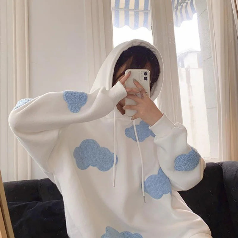 Autumn Winter Women Blue white cloud Hoodie Thick Warm Female Fleece Hoodies Oversize Sweatshirt Top Ladies  Hooded Top coat - reetell