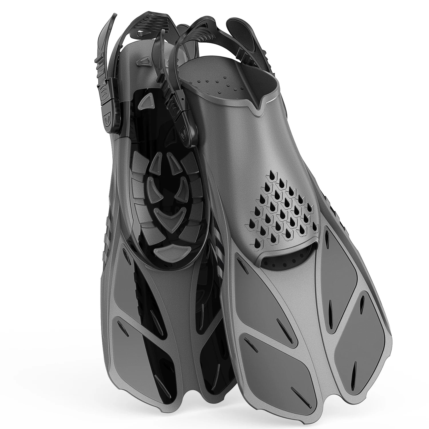 Snorkel Fins Adjustable Buckles Swimming Flippers Short Silicone Scuba Diving Shoes Open Heel Travel Size Adult Men Womens - reetell