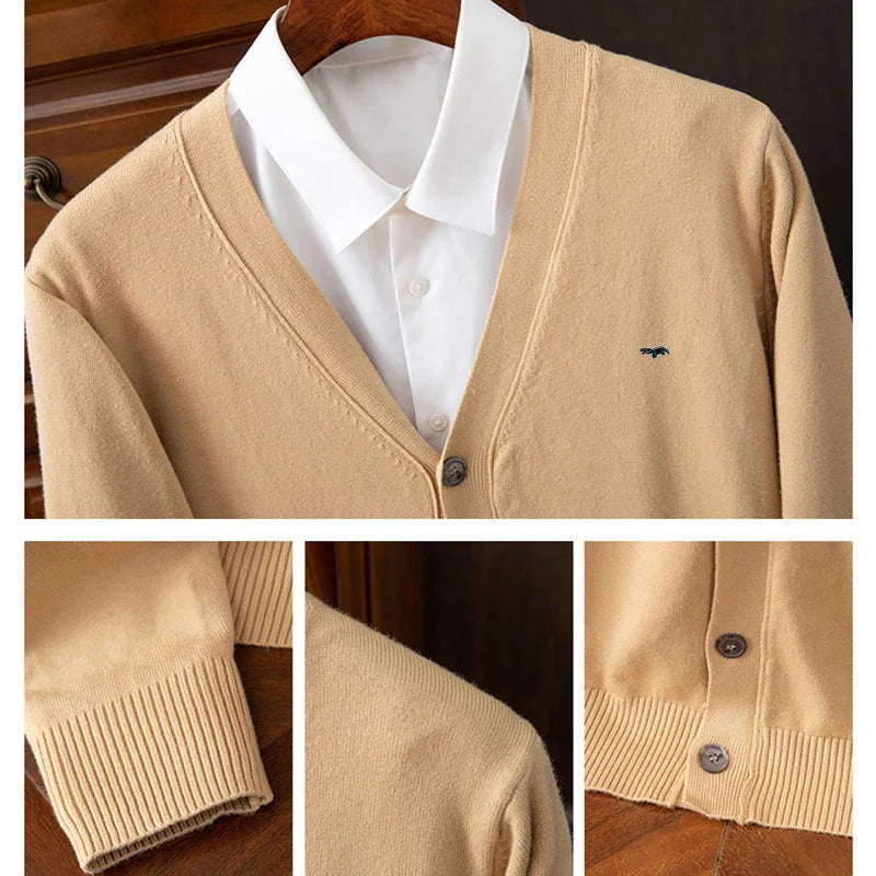 Cashmere Sweater Autumn Winter Warm Men's Casual Woollen Cardigan Sweater Thickened Solid Color V-neck Coat - reetell