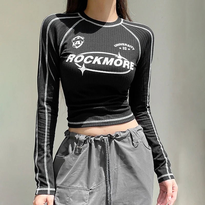 T-Shirt Women Spring New Black Fashion Streetwear Long Sleeves O-Neck Streetwear Crop Top Print Letter Casual Slim Female Tees - reetell