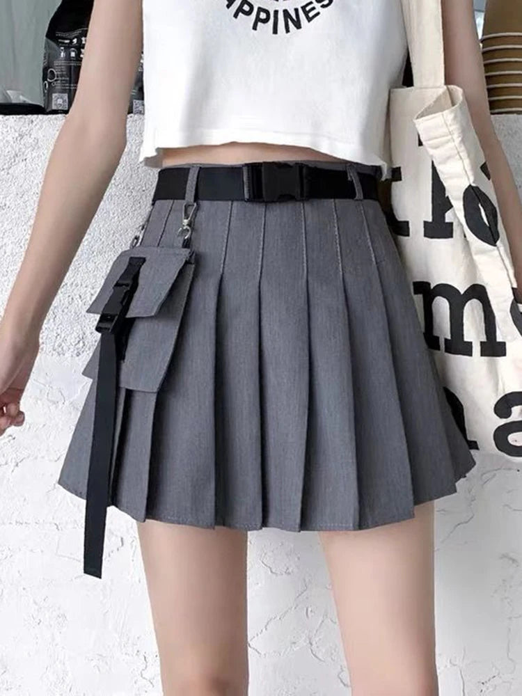 Zoki Harajuku Belt Pleated Cargo Skirt Women Fashion Gothic High Waist Pocket Mini Skirts Fashion Summer Lady A Line Black Skirt - reetell