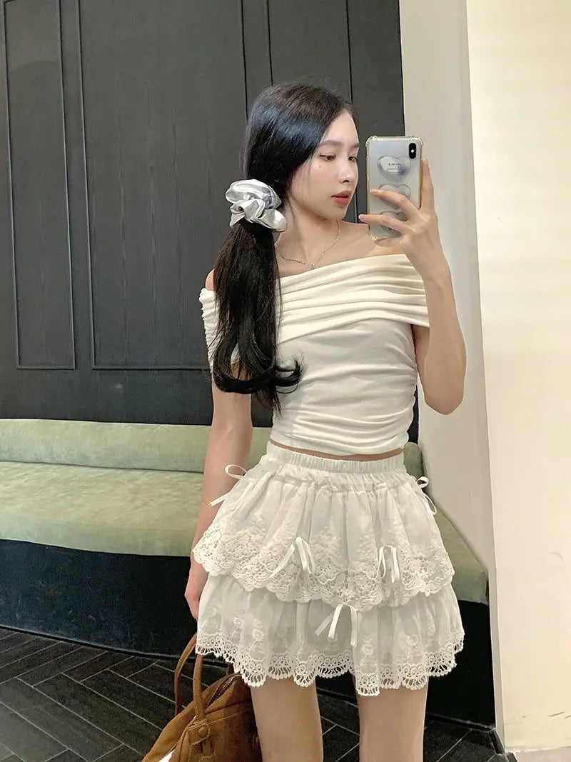 Deeptown Coquette White Lace Short Skirt Ruffle Women Sweet Bow Kawaii Mini Skirts Patchwork Layered A-line Aesthetics Skirt - reetell