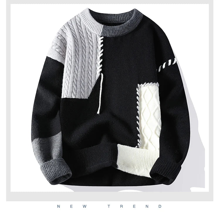 2024 Autumn Winter Warm Sweaters Patchwork Pullovers Korean Style Round Neck Knitted Sweater Men Women Fashion Knitwear - reetell