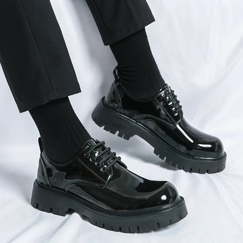 Men Casual Large Toe Original Black Platform Business Thick Bottom Dress Shoes Men Gentleman Outdoor Patent Leather Safety Shoes - reetell