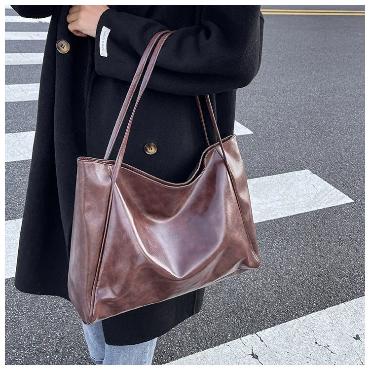 Women Tote Bag Fashion Underarm Pouch Large Capacity Soft Pu Leather Shoulder Bag Retro Crossbody Bag Casual Portable Bucket Bag