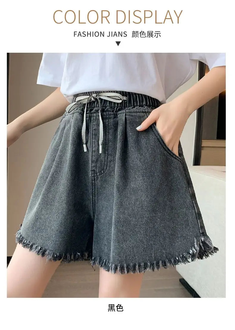 Big Size Denim Shorts Summer Thin Section Wide Leg Wide Loose Tight High Waist Female Students Fattening Women Tassel Wide - reetell