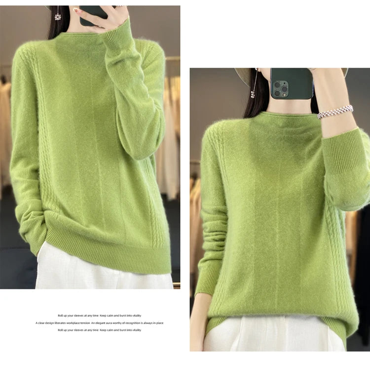 2024 Autumn Winter Women 100% Merino Wool Sweater Striped O-Neck Pullover Knitwear Casual Undershirt Cashmere Clothing Tops - reetell