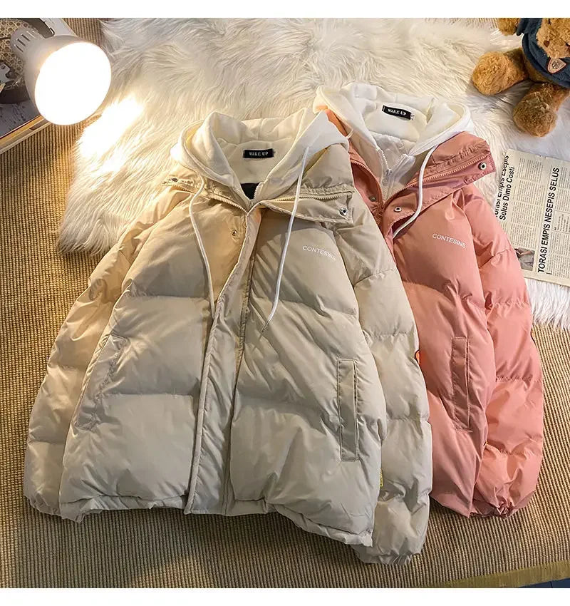 Korean fashion Version Winter Leisure Cotton Clothes Women Y2K Multi-functional Fake Two Pocket Zipper Down Jacket Thick Coat - reetell