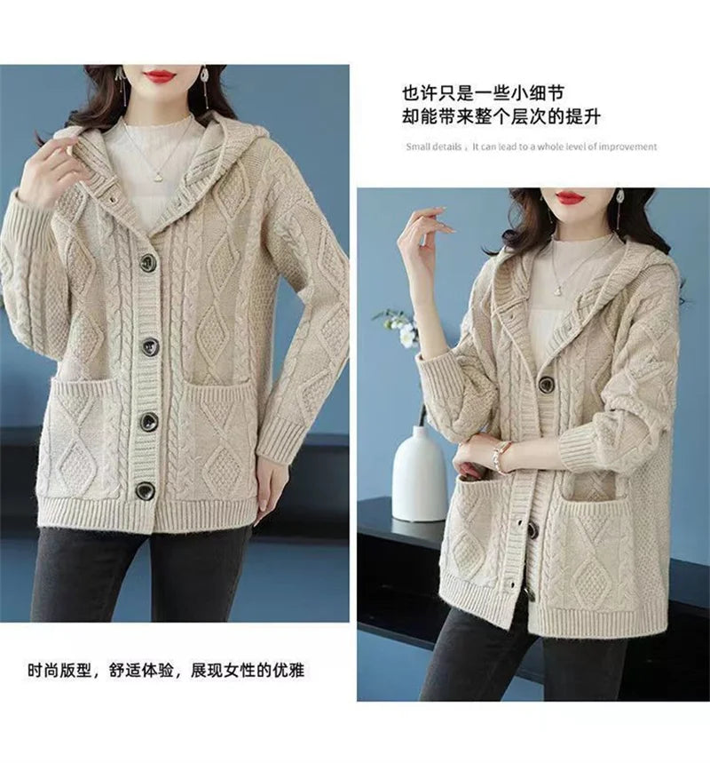 Hooded Sweater Spring And Autumn Mother Sweater Jacket Female Jacket 2023 New Loose Pocket Zipper Knitted Cardigan Mom HoodyCoat - reetell