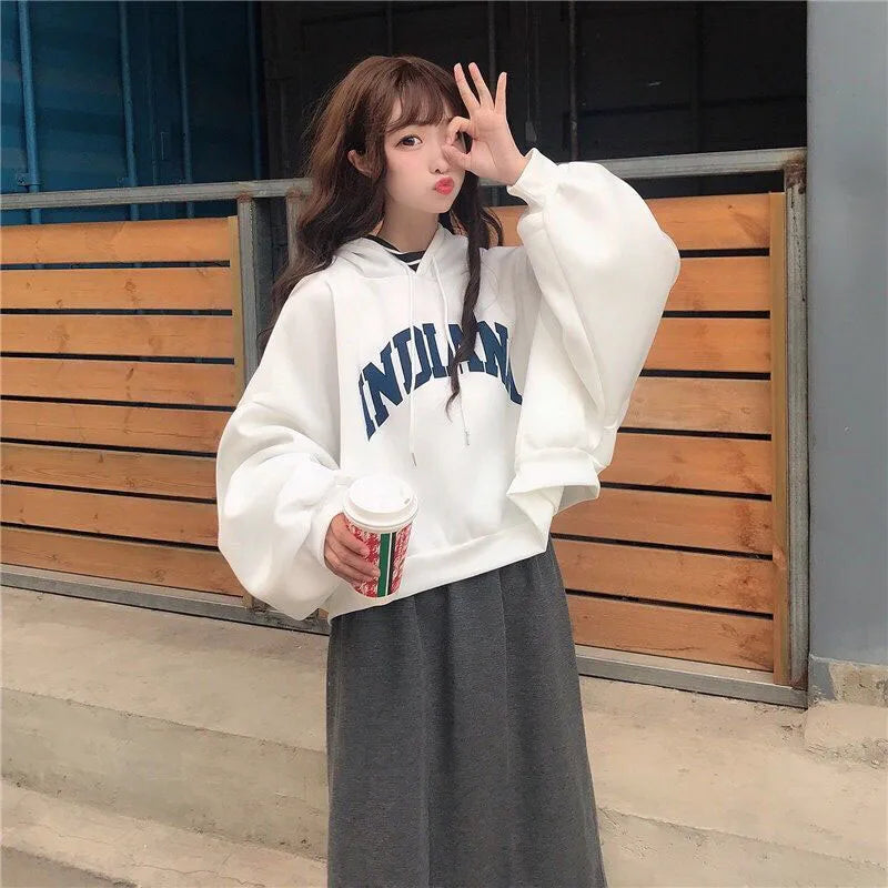 Autumn Thick Women Hoodies Fashion Loose Fake Two Piece Letter Printing Tops Harajuku Warm Preppy All Match Crop Sweatshirts - reetell