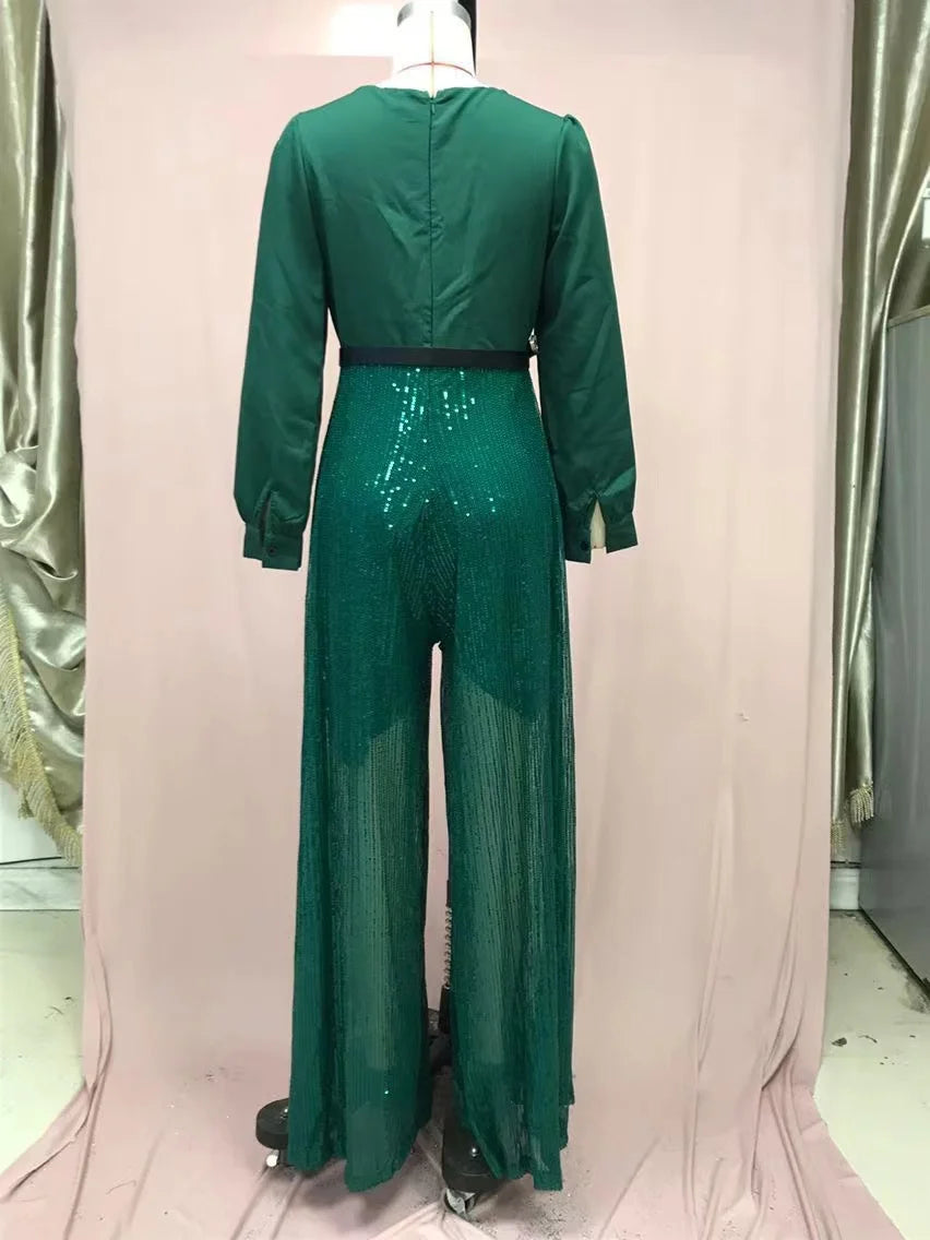 2024 Autumn Evening Party Jumpsuit Women Long Sleeve Solid Sequin V-Neck High Waist Fashion Leg Pants Elegant Chic Spring Shirt